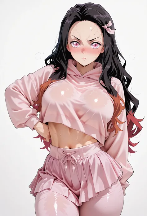 score_9, score_8_up, score_7_up, source_anime, sweat, sweaty, large breasts, looking at viewer, standing, sweay:1.3,, navel, midriff,, large breasts, nose blush, solo, female, thick thigh, thick thighs, sweat, sweaty, sweaty:1.3,, nezuko, nezuko from demon...
