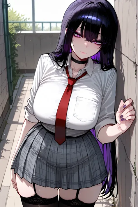 1girl, solo, anime girl, onee-san, masterpiece, aesthetic, very long hair, black hair, no hairpin, purple eyes, sharp eye outlines, long eyelashes, looking at viewer, makeup, big breasts, school uniform, white blouse, rolled up sleeve, open collar, grey pl...