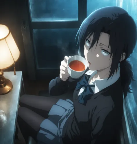 masterpiece,best quality,good quality,newest, detailed face, from above, from side,
glass room, ,sun room, dark , lamp,
light open mouth,
looking at viewer, ,
solo,
anime coloring,
aozaki_touko\(kara_no_kyoukai\),1girl,(low ponytail), (), black hair, bang...