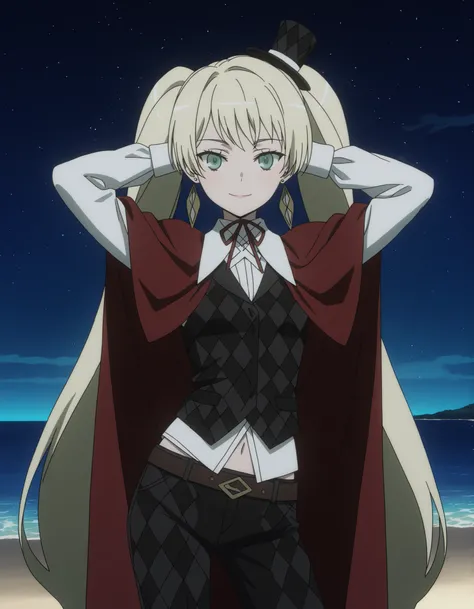 ladylee tangleroad, long hair, blonde hair, twintails, green eyes, anime screencap, hat, navel, jewelry, earrings, cape, vest, mini hat, top hat, belt, shirt, long sleeves, ribbon, white shirt, collared shirt, pants, neck ribbon, checkered clothes, high qu...