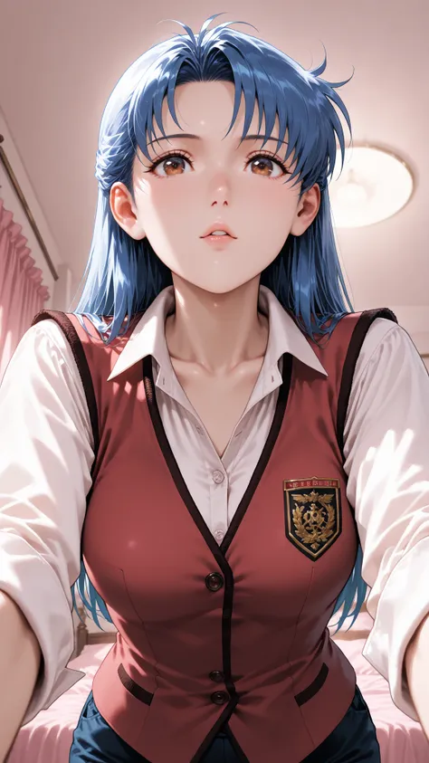 ,high resolution, Ultra Fine,Extremely Aesthetic,Highest Quality ,Vest Arm,  Narisawa Misaki,, blue hair, long hair, bedroom、brown eyes, big  , Slim, Woman,1 person,solo,straight hair,Full , , red cheek ,  pink bed,,  gentle face,Extreme close-up,perspecti...