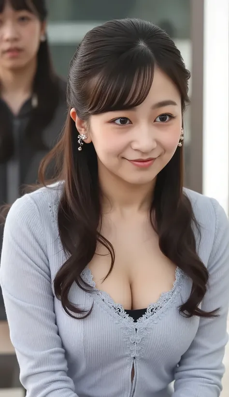 shot with a Canon EOS R5, 50mm lens, f/2.8 apertur、実写、(masterpiece,best quality:1.4)、high res、raw photo、shiny skin、detailed breast、Japanese idol、20 years old、、最高品質、超高解像度、8K、Seductively Posing、Emphasize the cleavage,(leaning forward:1.3), (hands on knees:1....