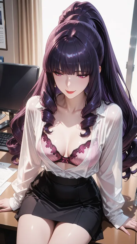 masterpiece, Highest Quality, Shadow Details, Shadows looking down at an angle, shiny details that create sweets, luminous quality, detailed illustration,   bright contrast with pink eyes and a prominent smile, thick outline, Anime 2D Style, Super Detailed...