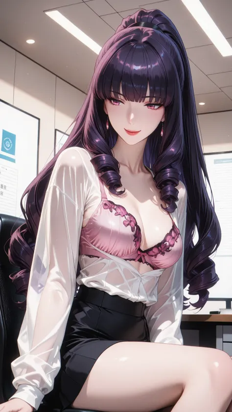 masterpiece, Highest Quality, Shadow Details, Shadows looking down at an angle, shiny details that create sweets, luminous quality, detailed illustration,   bright contrast with pink eyes and a prominent smile, thick outline, Anime 2D Style, Super Detailed...