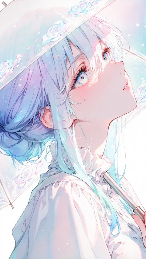Masterpiece, best quality, amazing quality, highres, absurdly beautiful, close up, A beautiful girl, very light blue hair, lovely wave hair, violet-blue-blue-green holographic eyes, beautiful eyes, dress, white umbrella, elegant posture, opal light reflect...