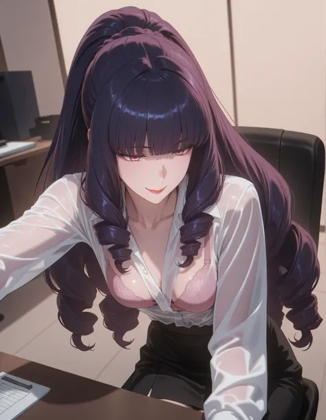 masterpiece, Highest Quality, Shadow Details, Shadows looking down at an angle, shiny details that create sweets, luminous quality, detailed illustration,   bright contrast with pink eyes and a prominent smile, thick outline, Anime 2D Style, Super Detailed...