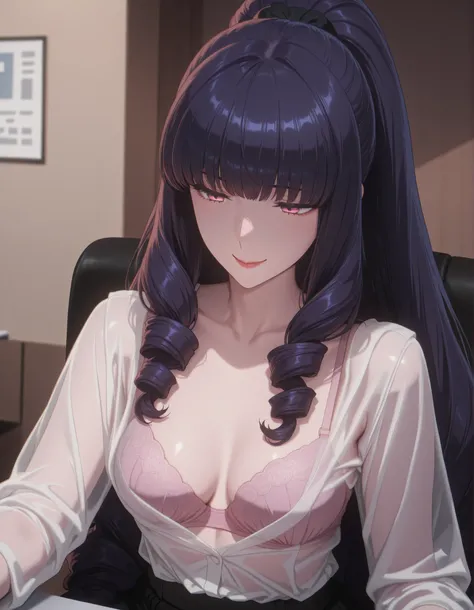 masterpiece, Highest Quality, Shadow Details, Shadows looking down at an angle, shiny details that create sweets, luminous quality, detailed illustration,   bright contrast with pink eyes and a prominent smile, thick outline, Anime 2D Style, Super Detailed...