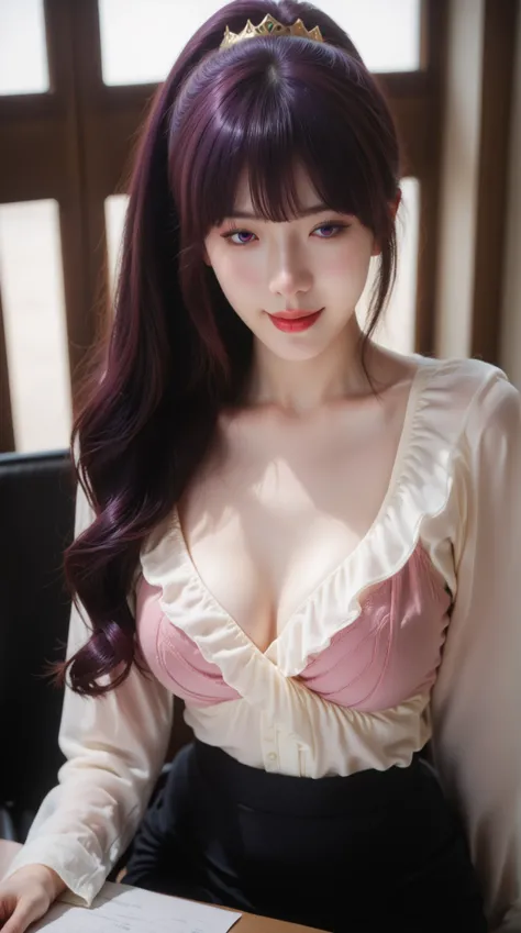 masterpiece, Highest Quality, Shadow Details, Shadows looking down at an angle, shiny details that create sweets, luminous quality, detailed illustration,   bright contrast with pink eyes and a prominent smile, thick outline, Anime 2D Style, Super Detailed...