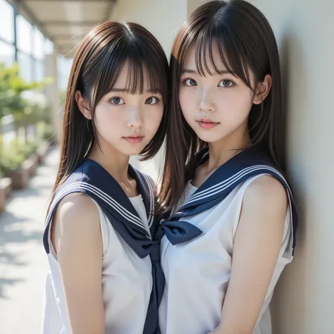 {{2girls,dark haired、Blonde}},photorealistic portrait of a Japanese high school student wearing a sailor, sailor,, cherry tree, Soft sunlight, shallow depth of field, Realistic Skin Texture, dslr style, full body, staring at the camera(Realistic, photo-Rea...