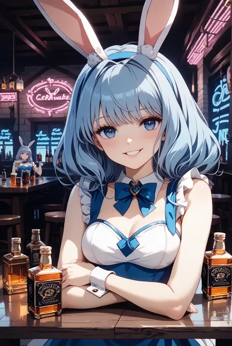 ((Achieve top quality)), ((masterpiece)), ( details),(girls, Alice Liddell, Alice in Wonderland),(Alone),(Bunny Girl in the Tavern:1.5),sexy pose,nsfw,beautiful,long bright light blue hair,mujer beautiful y atractiva, ,The background of the Wonderland Bunn...