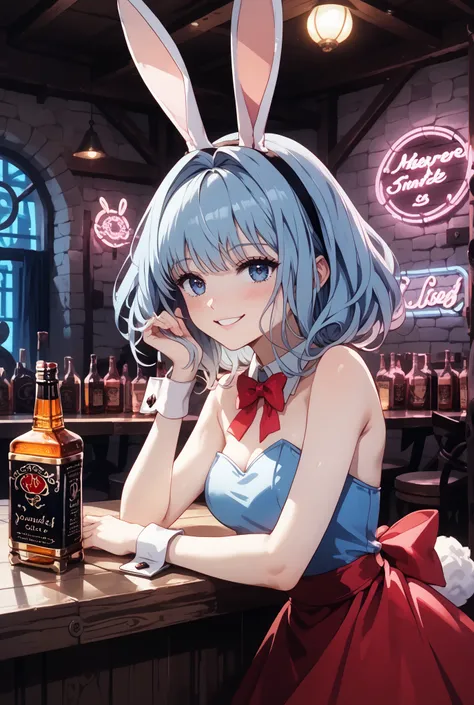 ((Achieve top quality)), ((masterpiece)), ( details),(girls, Alice Liddell, Alice in Wonderland),(Alone),(Bunny Girl in the Tavern:1.5),sexy pose,nsfw,beautiful,long bright light blue hair,mujer beautiful y atractiva, ,The background of the Wonderland Bunn...