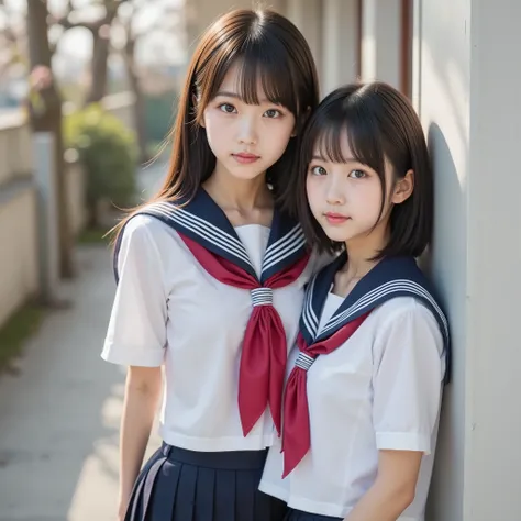 {{2girls,dark haired、Blonde}},photorealistic portrait of a Japanese high school student wearing a sailor, sailor,, cherry tree, Soft sunlight, shallow depth of field, Realistic Skin Texture, dslr style, full body, staring at the camera(Realistic, photo-Rea...