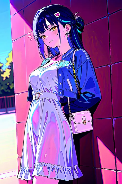 masterpiece, best quality, amazing quality, 1girl, mx2j, sos adult, (wagashi \(dagashiya\):0.9), (healthyman:0.7), (sincos:0.6), (gogalking:0.5), medium breasts, GFLP, dark blue hair, blue streaked hair, bangs, single hair bun, half updo, yellow eyes, mult...