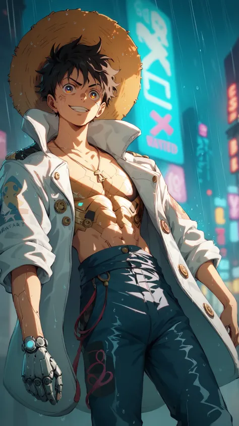 Luffy in neon-lit Water 7, cybernetic arm with rubber properties, glowing straw hat, futuristic pirate coat, holographic wanted poster, rain-slick cyberpunk streets --ar 9:16