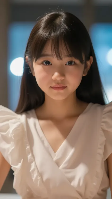 table top with visible legs, Highest Quality, 8k, (, 10th Generation, elementary school student,younger face,younger:1.5),Original Artwork, silly, award., smile, ,Alone, (night:1.8), Idol's face, Delicate Girl,Delicate Body, upper body, DSLR camera ...