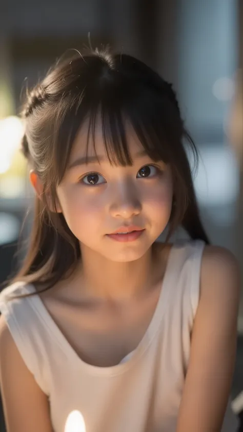 table top with visible legs, Highest Quality, 8k, (, 10th Generation, elementary school student,younger face,younger:1.5),Original Artwork, silly, award., smile, ,Alone, (night:1.8), Idol's face, Delicate Girl,Delicate Body, upper body, DSLR camera ...