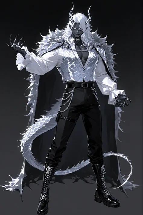Male character it's a middle-aged mature dragon hybrid. He has darkest black-gray metallic skin, muscular, masculine build, and pointed ears. He has black metallic dragon scales, metallic horns , black-gray metallic scaly dragon tail with spikes, and darke...