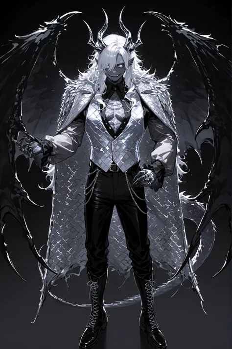 Male character it's a middle-aged mature dragon hybrid. He has darkest black-gray metallic skin, muscular, masculine build, and pointed ears. He has black metallic dragon scales, metallic horns , black-gray metallic scaly dragon tail with spikes, and darke...