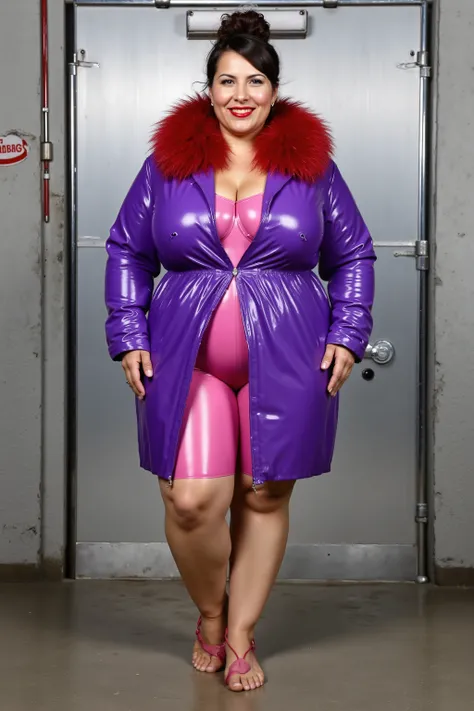 40 year old indian married women looking at the viewer, wearing a big heavy puffy purple vinyl shiny rubber winter coat with a red fur collar, big Fat ass wearing tight hot pink latex knee length shorts, wide hips,Big thighs, bulging clothes, Voluptuous Bo...