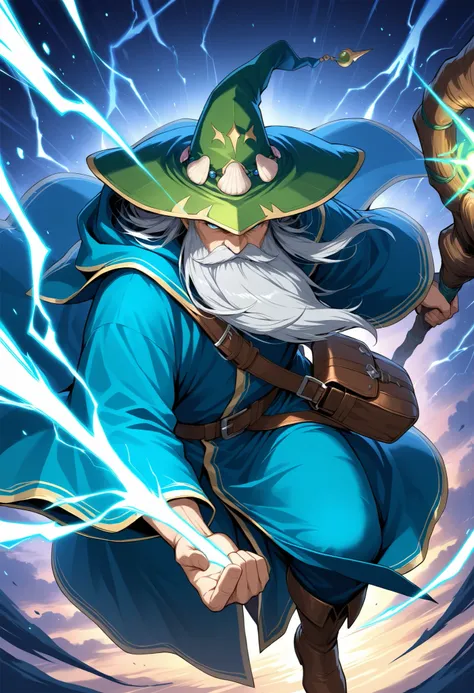 (masterpiece, vibrant colors, high detail), solo, 1guy, human male, elderly, grey hair, long beard, (green wizards hat, shell decorations), sea-blue robes, ringed fingers, leather satchel, holding an oaken staff in one hand, leather boots, serious express...