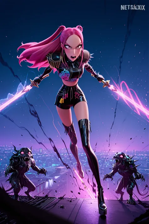 black bodysuit, fingerless elbow gloves, boots, earrings, jewelry, spiked bracelets, spiked hairpins, makeup, Dynamic action illustration of Mira, a fierce demon hunter with long bright pink hair styled in high twin tails that flow dramatically behind her ...