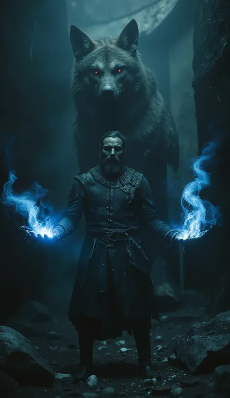 A close-up on a powerful bearded man stands amidst the rubble, enveloped in a dynamic and otherworldly aura. Clad in dark, medieval-style armor, the lone warrior exudes an aura of strength and determination. In each hand, crackling blue electric energy ema...