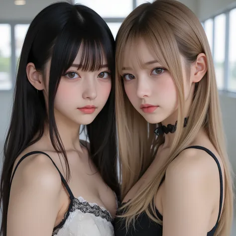 masterpiece、Highest Quality、Realistic,8k,{{cosplay、Beautiful girl、メスガキのcosplay、dark haired、Blonde}}、Looking Here,2girls,