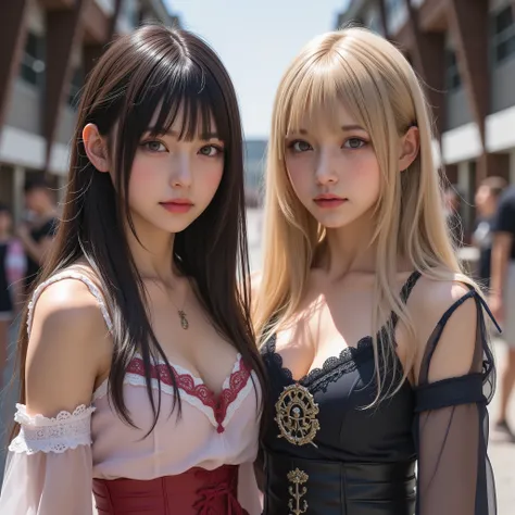 masterpiece、Highest Quality、Realistic,8k,{{cosplay、Beautiful girl、メスガキのcosplay、dark haired、Blonde}}、Looking Here,2girls,Full Body