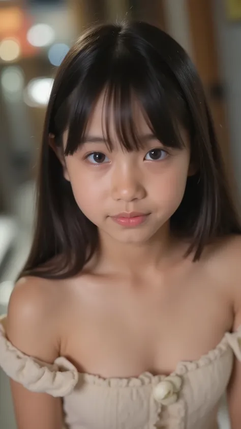 NSFW, (topless:1.7),table top with visible legs, Highest Quality, 8k, (, 10th Generation, elementary school student,younger face,younger:1.5),Original Artwork, silly, award., smile, ,Alone, (night:1.8), Idol's face, Delicate Girl,Delicate Body, upper...