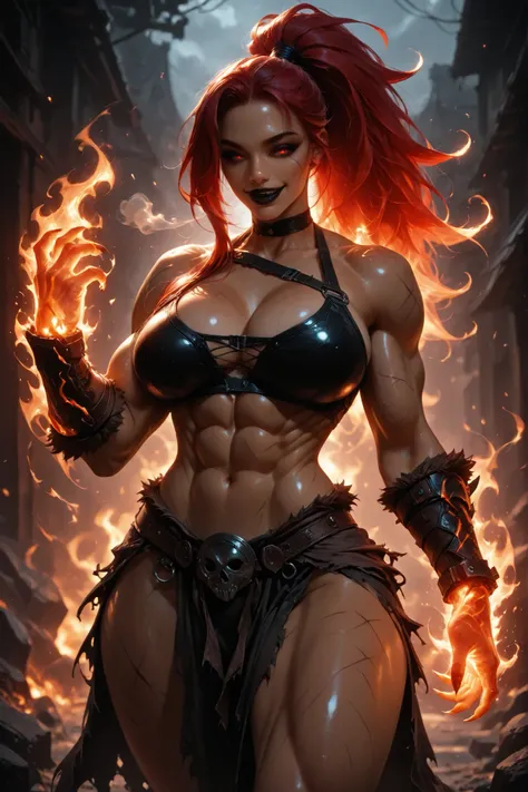 CoolgirlHDR, UHD, masterpiece, anatomically correct, super detail, best quality, high-res, 16k, solo, 1girl, one long ponytail red hair, tan skin, wide red eyes, makeup, black lipstick, muscular body, warm breath, long clawed hands, abs, very large breasts...