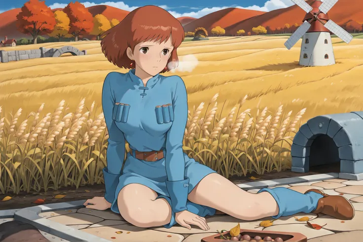 (Masterpiece, top quality, 8k, High quality anime, detailed and accurate anime poster, Studio Ghibli style, High sense Art ), Nausicaa, 1girl, adorable face, very kind face, she is sitting on field, top of the hill, look at viewer, mouth open a little, sm...