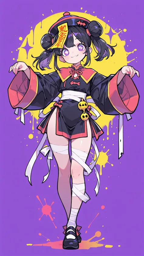 Cute girl, Jiangshi (Chinese hopping vampire), full body wrapped in bandages, twin tails, black hair, purple eyes, wearing orange accessories and charms, playful and energetic pose, bright smile, pop and colorful design, Graffiti Art Style Background, glow...