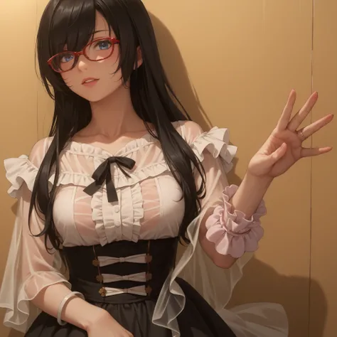 ((inspired by )),((inspired by Animation Style:1.5)),(masterpiece, best quality),beautiful, beautiful-woman, ((detailed face)).(full body:1.3).,
((black hair)), glasses, blue eyes, long hair, over-rim eye-wear,semi-rimless eye-wear, between eyes .(red-fra...