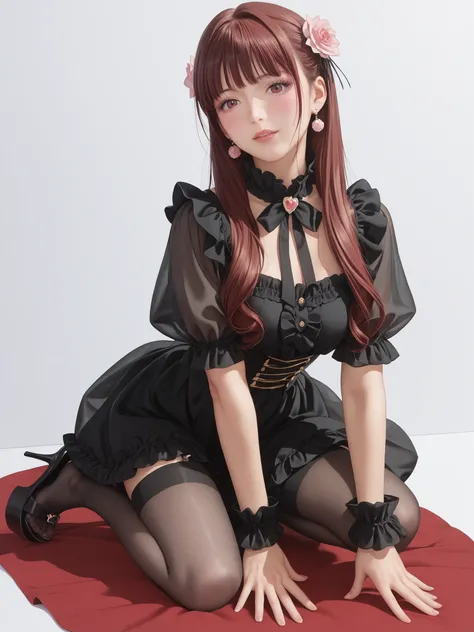 ((inspired by )),((inspired by Animation Style:1.5)),(masterpiece, best quality),beautiful, beautiful-woman, ((detailed face)).(full body:1.3)., 
, 
,

((The woman is wearing  jirai-kei fashion)),pink frilled shirt with short puff sleeves, black neck ribbo...