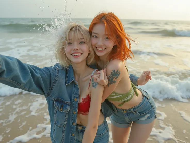 8k resolution photorealistic portrait from a low angle on a misty morning beach of a 16-17-year-old Japanese girl with a blonde bob haircut, brown almond eyes, and a bright, playful, mischievous smile, splashing water towards Nami with gleeful energy, dres...