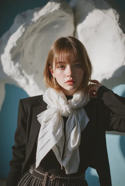 Hyper realistic, masterpiece, best quality, porcelain white skin, dramatic perspective. young woman. Oblique angle. Whimsical posing. A high-fashion editorial portrait of a stylish young woman posing confidently against a soft pastel blue and white sculptu...