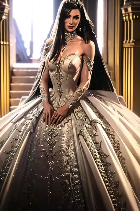 1girl, solo,Hela marvel, crown,earrings ,lipstick, eye shadow, makeup, hair between eyes, ahoge, hair ornament, gloves, dress, cleavage, bare shoulders, collarbone, white oprea gloves, white gloves, white dress, strapless, white choker, tiara, veil, strapl...