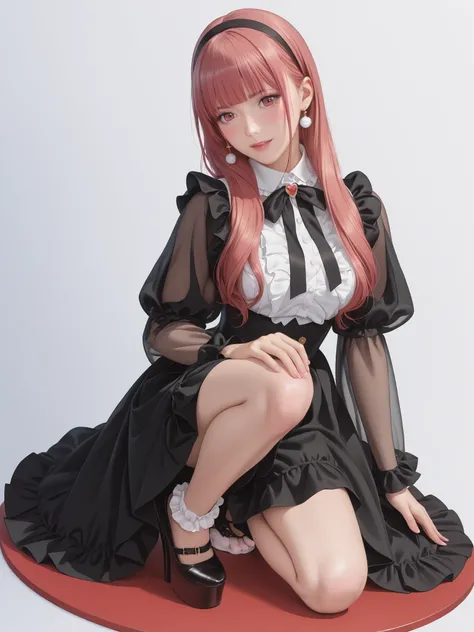 ((inspired by )),((inspired by Animation Style:1.5)),(masterpiece, best quality),beautiful, beautiful-woman, ((detailed face)).(full body:1.3)., 
, 
,

((The woman is wearing  jirai-kei fashion)),pink frilled shirt with short puff sleeves, black neck ribbo...