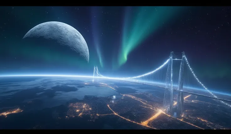 nasapotd,N4sa,Ultra-detailed, Fantasy masterpiece, Hyper realistic 16K resolution,  
Cinematic lighting, ethereal atmosphere,  
a gigantic celestial bridge connecting Earth and the Moon,  
viewed from Earth's surface at night, glowing city lights below,  
...