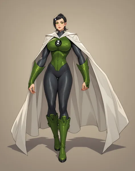 {{masterpiece, ultra-high quality, professionally detailed, professionally shaded}}, 1girl, short hair,black hair, cape,solo, huge breasts, thick thighs, wide hips, slim waist, white cape, superhero bodysuit, black bodysuit, green eyes, ben10, white cape, ...