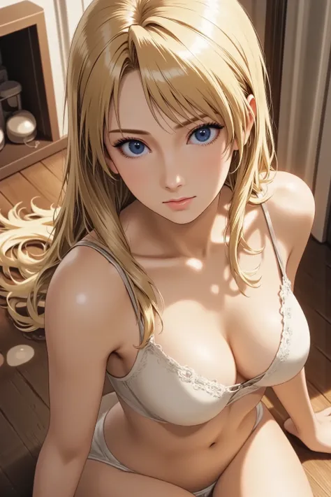 best quality, masterpiece, anime style, high angle, captivating adult woman, playful yet seductive pose, short dress, innocent smile, (looking up from floor:1.2), long hair spread out, detailed lingerie visible, soft focus, dreamlike lighting, intimate set...