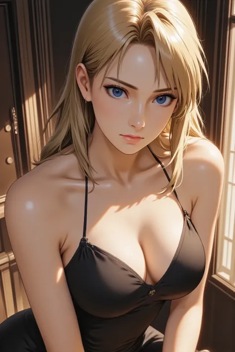 masterpiece, best quality, anime style, high angle shot, alluring adult woman, seductive pose, elegant dress, smooth skin, confident gaze, (arching back:1.2), long flowing hair, looking directly at viewer, soft light, mysterious atmosphere, rich colors, in...