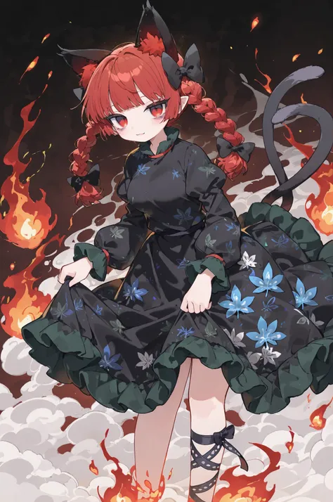 Highest Quality, high resolution, 1 girl, Long Lashes, Lip Gloss, dark color eyeshadow,(kaenbyou rin, 1girl, solo, red eyes, red hair, twin braids, cat ears, cat tail, two tails, medium breasts,
hair bow, black bow, black dress, puffy long sleeves, leaf pr...