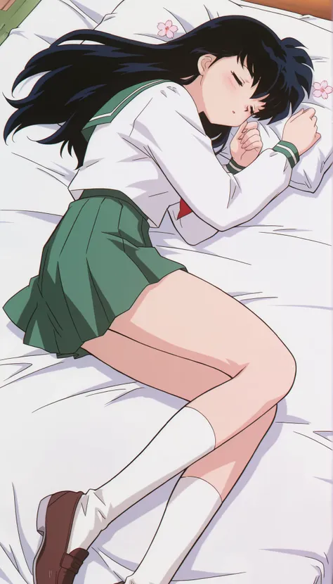 masterpiece,best quality,amazing quality, higurashikagome, masterpiece, best quality, amazing quality,, kagome higurashi, long hair, black hair, retro artstyle, brown eyes, anime screencap, skirt, shirt, long sleeves, school uniform, white shirt, pleated s...