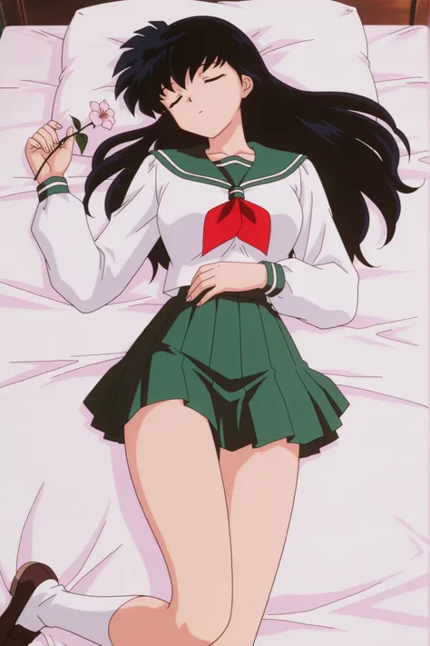masterpiece,best quality,amazing quality, higurashikagome, masterpiece, best quality, amazing quality,, kagome higurashi, long hair, black hair, retro artstyle, brown eyes, anime screencap, skirt, shirt, long sleeves, school uniform, white shirt, pleated s...