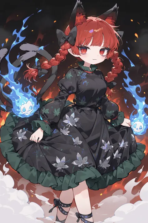 Highest Quality, high resolution, 1 girl, Long Lashes, Lip Gloss, dark color eyeshadow,(kaenbyou rin, 1girl, solo, red eyes, red hair, twin braids, cat ears, cat tail, two tails, medium breasts,
hair bow, black bow, black dress, puffy long sleeves, leaf pr...