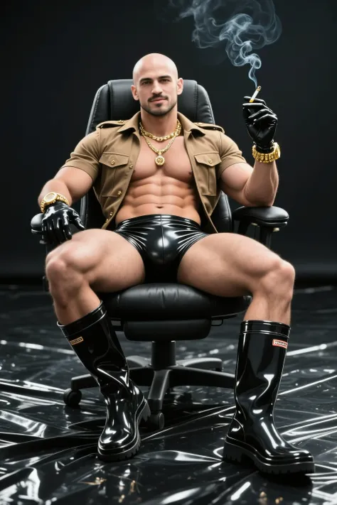 Masterpiece. Excellent details. Best quality. A very handsome, muscular Italian man of about 30 sits relaxed in a black leather gaming chair. The bald Italian man with a 2-millimeter goatee beard has a nice, rugged face and looks confidently into the camer...