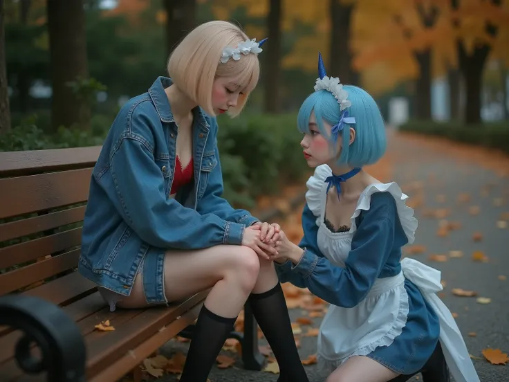 Ultra-realistic 8K hyper-realistic photorealistic full-body portrait of two women with clearly distinct outfits in a serene park at dusk: a 16-17-year-old Japanese girl with short blonde bob hair, brown almond eyes downcast with subtle tears and a sorrowfu...