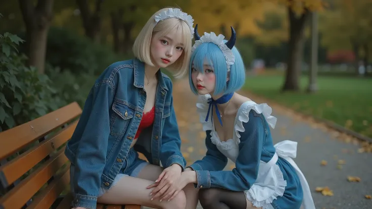 Ultra-realistic 8K hyper-realistic photorealistic full-body portrait of two women with clearly distinct outfits in a serene park at dusk: a 16-17-year-old Japanese girl with short blonde bob hair, brown almond eyes downcast with subtle tears and a sorrowfu...