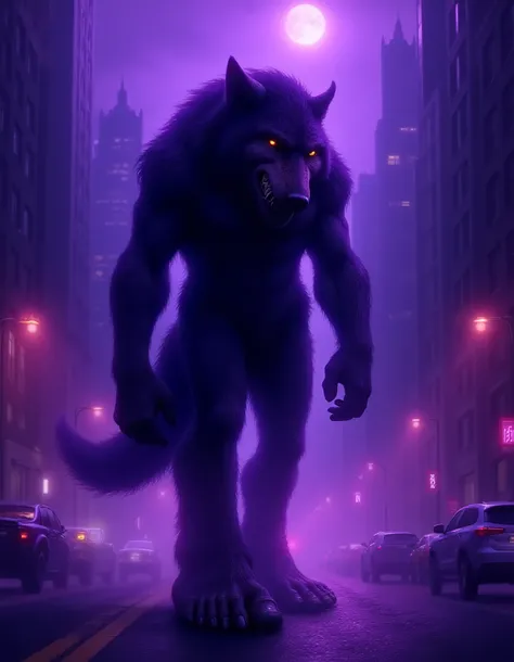 Photorealistic of blackwolf walking the streets at night with purple skies